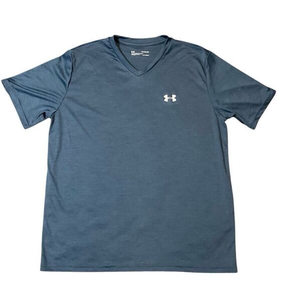 Under Armour Mens Loose Heatgear Short Sleeve V Neck T-Shirt Heathered Blue XL - Picture 1 of 7